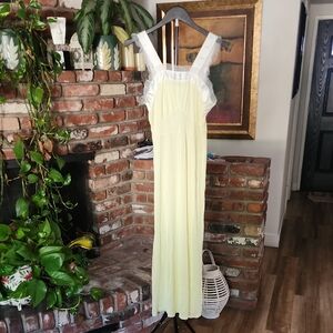 Vintage Michelene Soft Yellow Rayon Slip Dress with White Lace Trim